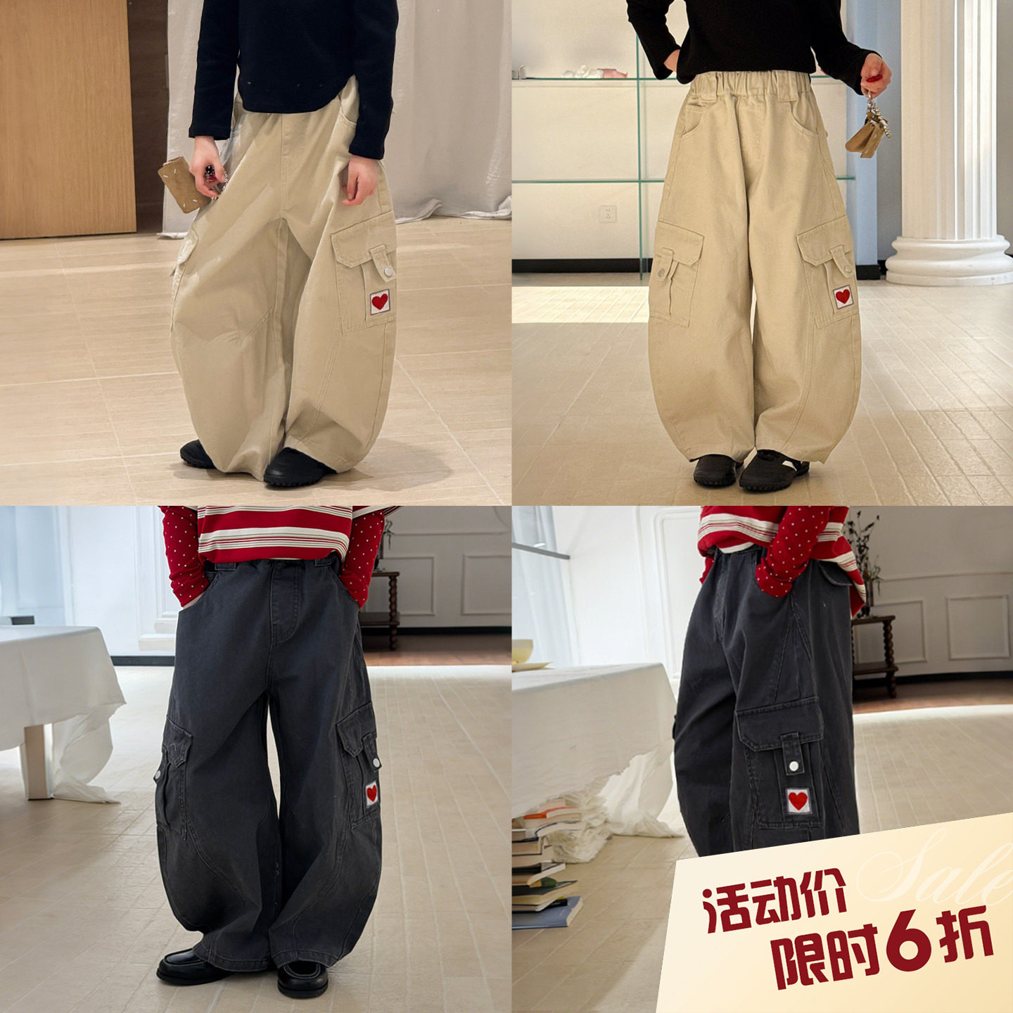 【亲子】柒号童仓女大童美式大口袋工装裤春装新款儿童阔腿弯刀裤图片