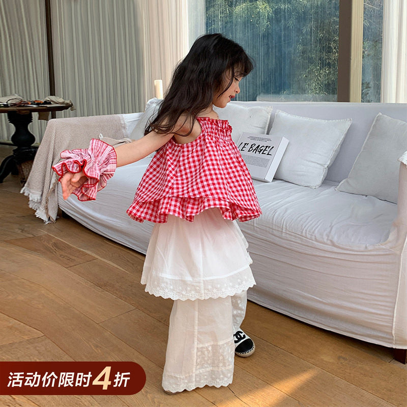 柒号童仓女童韩版洋气一字领吊带春装新款格子简约无袖小背心潮										