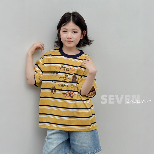 柒号童仓女大童韩版洋气条纹印花短袖T恤夏装新款儿童时尚上衣潮