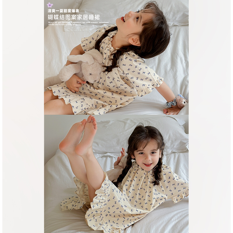 柒号童仓女童韩版洋气满印连衣裙夏装新款儿童蝴蝶结家居睡裙潮