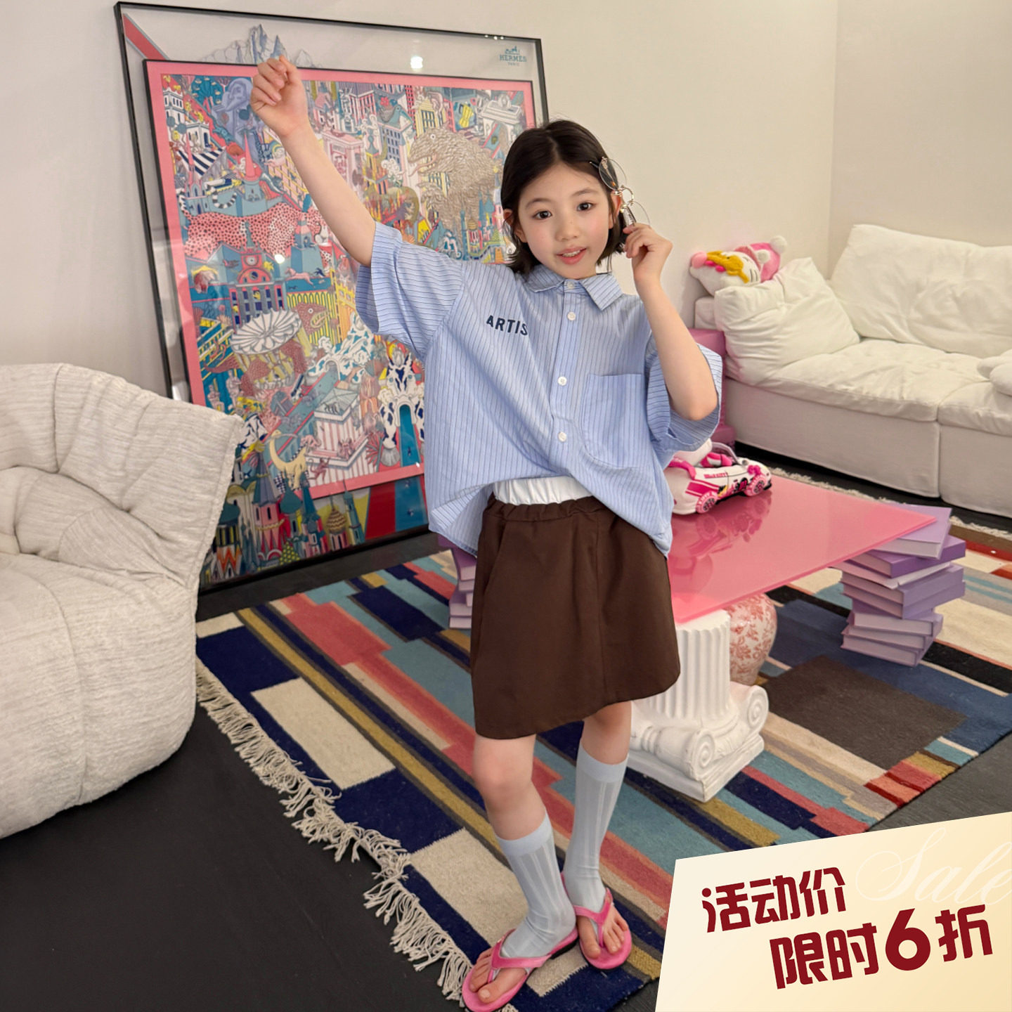 【亲子】柒号童仓女大童韩系条纹短袖衬衫夏装儿童学院风百搭衬衣图片