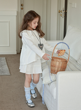 柒号童仓女童韩版荷叶领长袖衬衫春装新款儿童简约白色翻领上衣潮