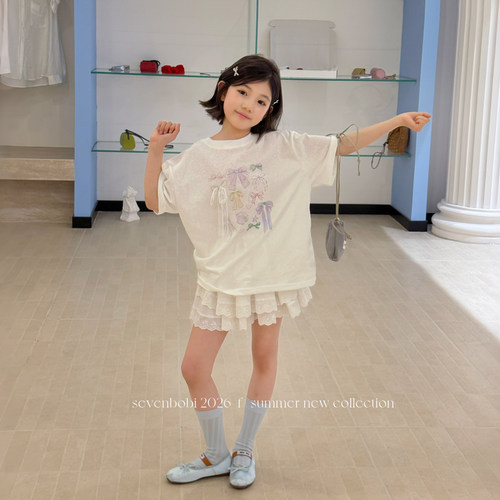 柒号童仓儿童薄款蝴蝶结T恤女大童夏装新款短袖卡通圆领上衣
