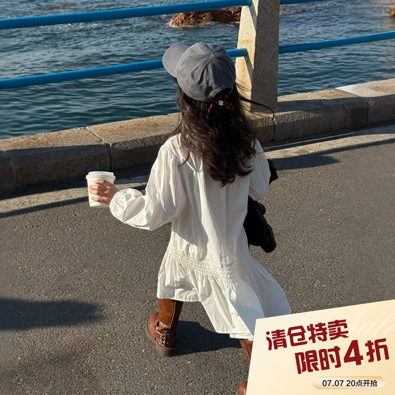 柒号童仓女大童韩版洋气圆领连衣裙秋装新款森系白色长袖娃娃裙潮