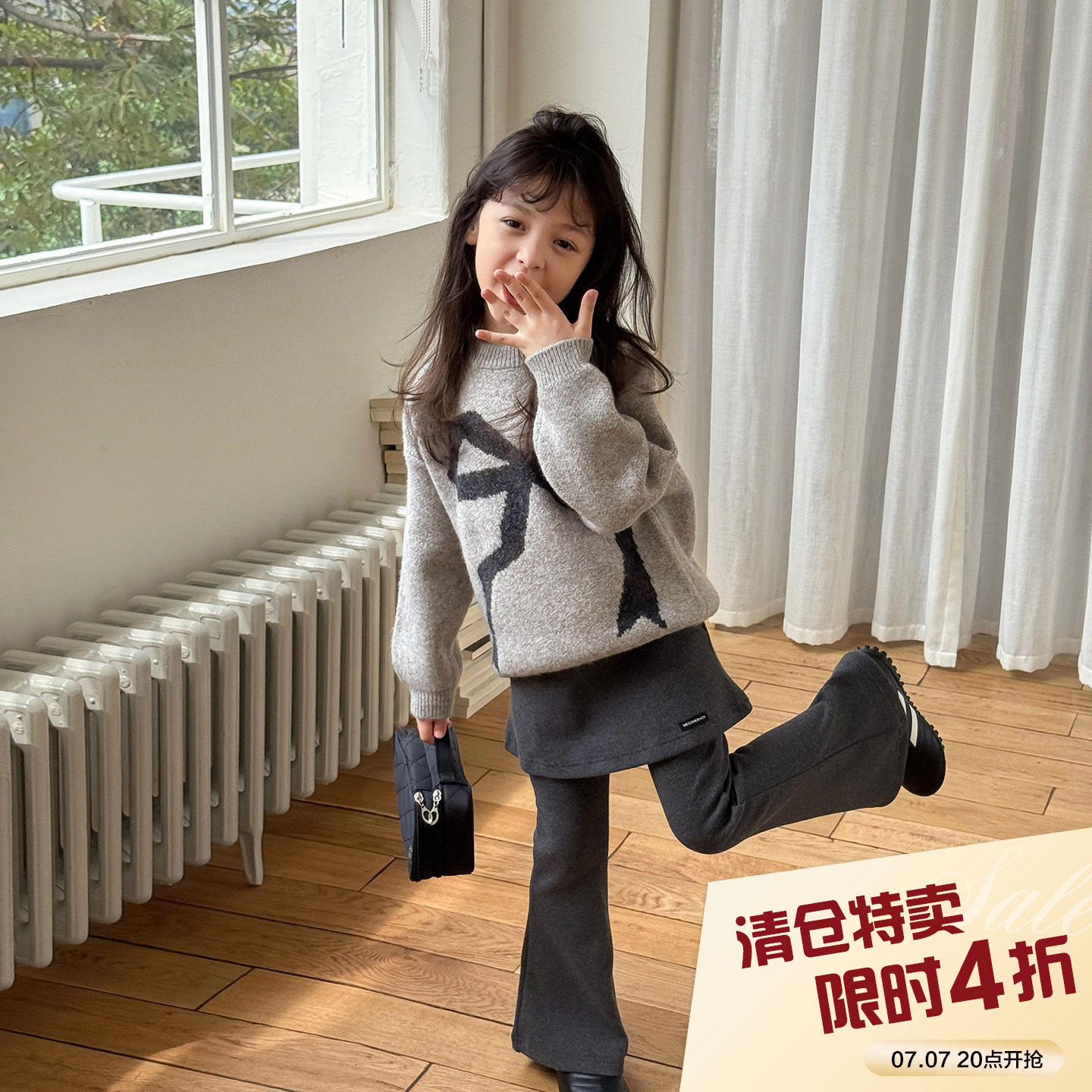 柒号童仓女大童韩版洋气蝴蝶结毛衣冬装新款儿童宽松圆领上衣潮