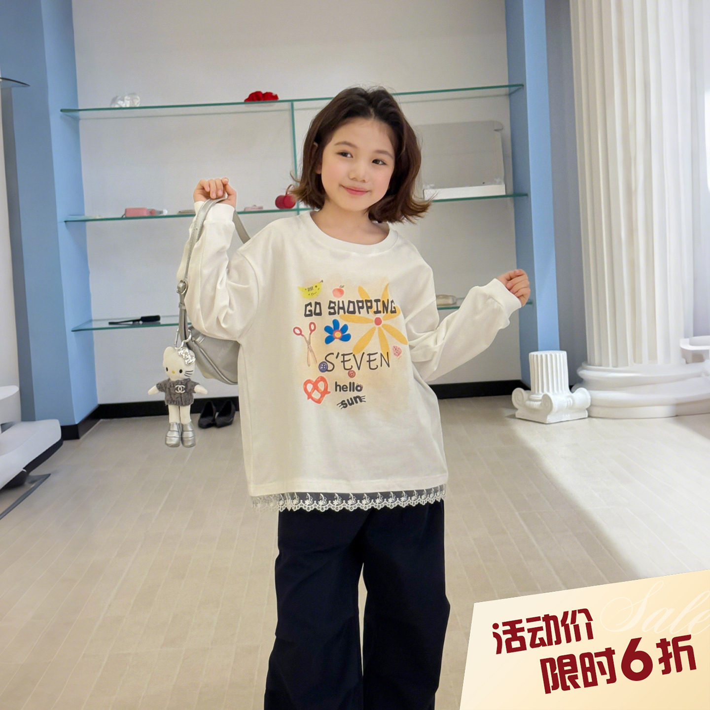 柒号童仓女大童韩版花朵字母印花长袖T恤春装儿童蕾丝拼接上衣潮图片