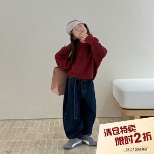 柒号童仓女大童韩版绞花圆领毛衣秋装新款宽松慵懒短款针织上衣潮