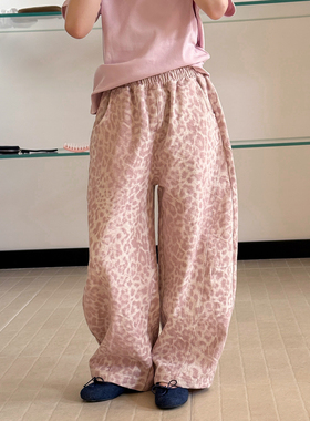 柒号童仓女大童洋气粉豹纹直筒牛仔裤春装新款儿童宽松慵懒长裤潮