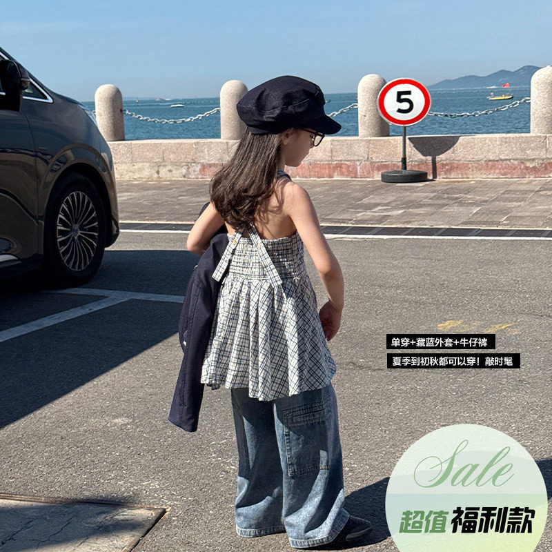 柒号童仓女大童韩版格子背带裙秋装新款儿童洋气宽松背心裙潮