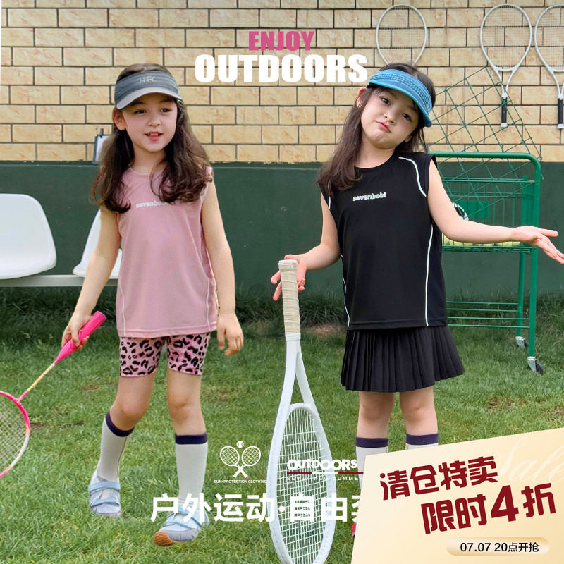 柒号童仓女童韩版运动风圆领背心夏装新款女大童字母休闲上衣潮图片