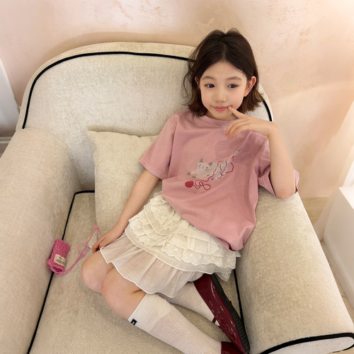 柒号童仓女大童韩系可爱猫咪印花短袖T恤夏装新款儿童圆领上衣潮