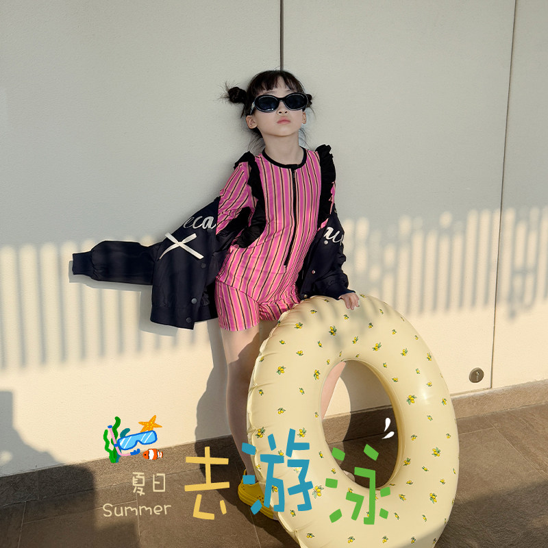 柒号童仓女大童韩版条纹连体泳衣夏装新款海边温泉游泳衣连体衣潮