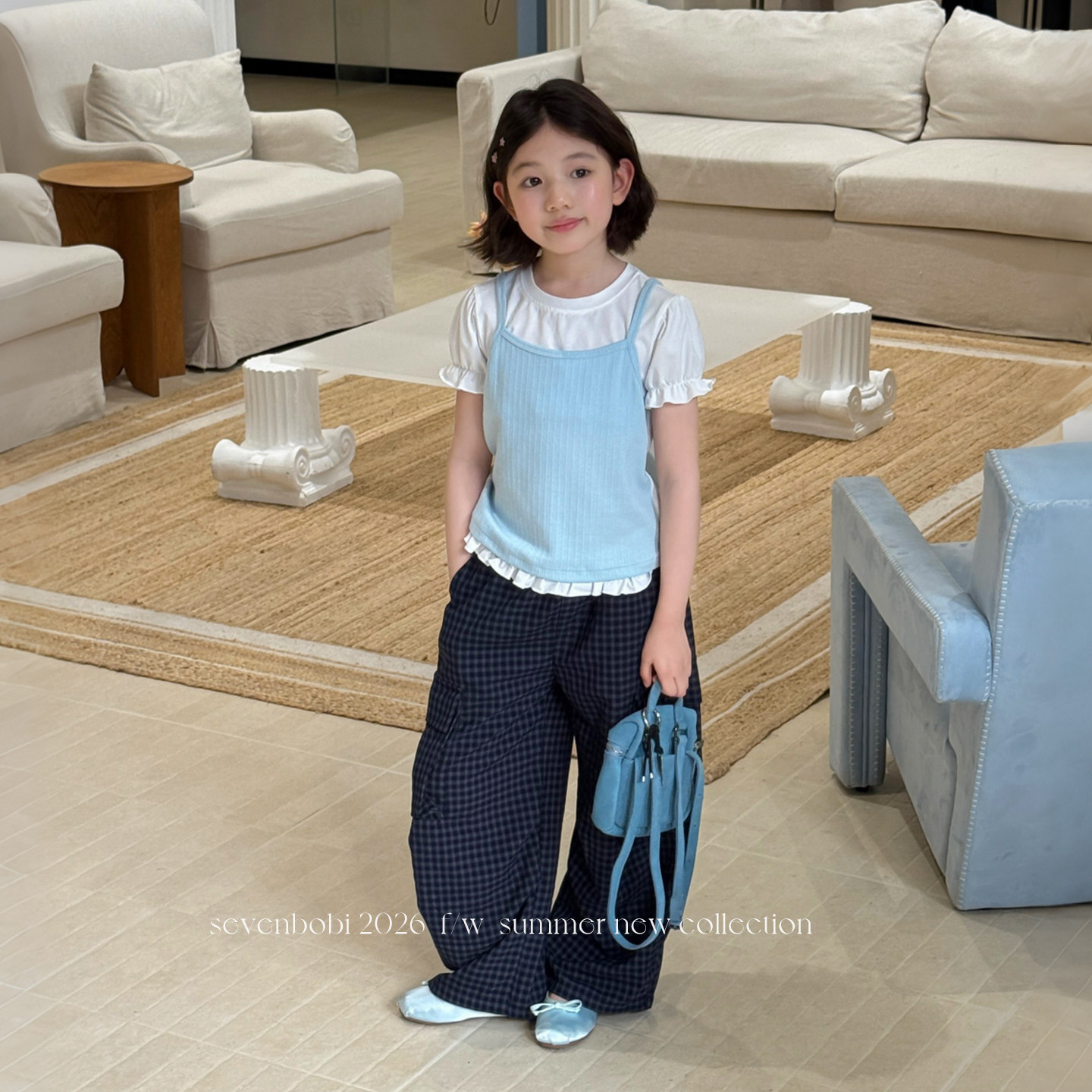 柒号童仓女大童韩系圆领假两件正肩短袖T恤夏装儿童泡泡袖上衣潮图片