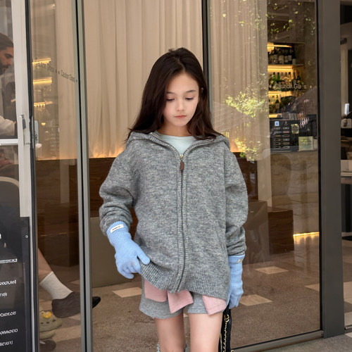 亲子/柒号童仓女大童韩系连帽针织外套秋装新款儿童拉链毛衣开衫