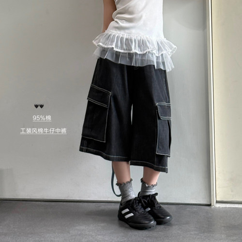 【亲子】柒号童仓女大童美式时尚七分牛仔裤夏装儿童宽松阔腿裤潮