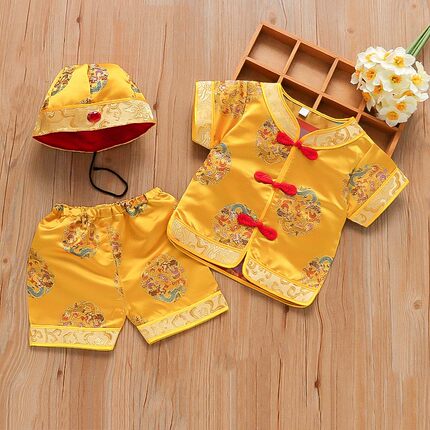 宝宝唐装中国风生日百天百岁喜庆装黄马褂2023夏短袖婴儿周岁服汉