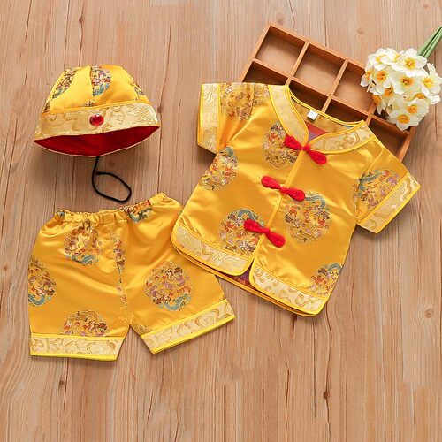 宝宝唐装中国风生日百天百岁喜庆装黄马褂2023夏短袖婴儿周岁服汉 - 封面
