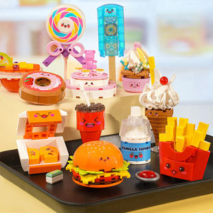 启蒙萌趣美食拼拼乐甜甜圈蛋糕棒棒糖儿童过家家玩具摆件拼装积木