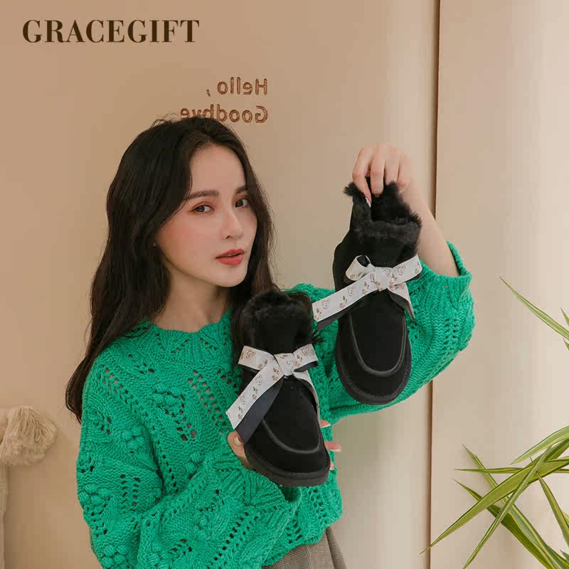 grace gift雪地靴女冬加绒保暖平底防滑短筒韩版时尚蝴蝶结雪地棉