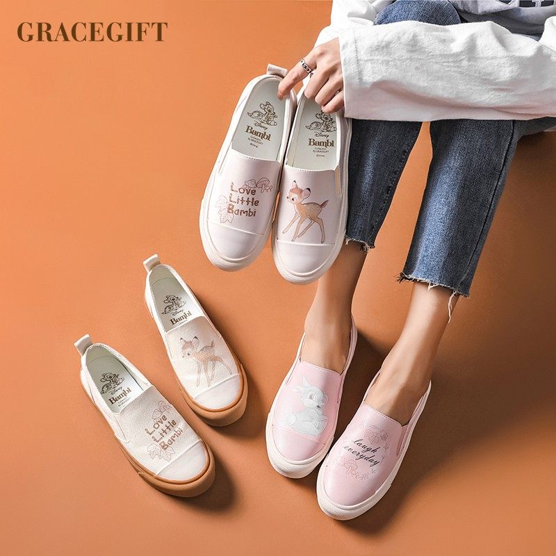 grace gift小白鞋女可爱小鹿百搭板鞋学生一脚蹬通勤平底单鞋女鞋