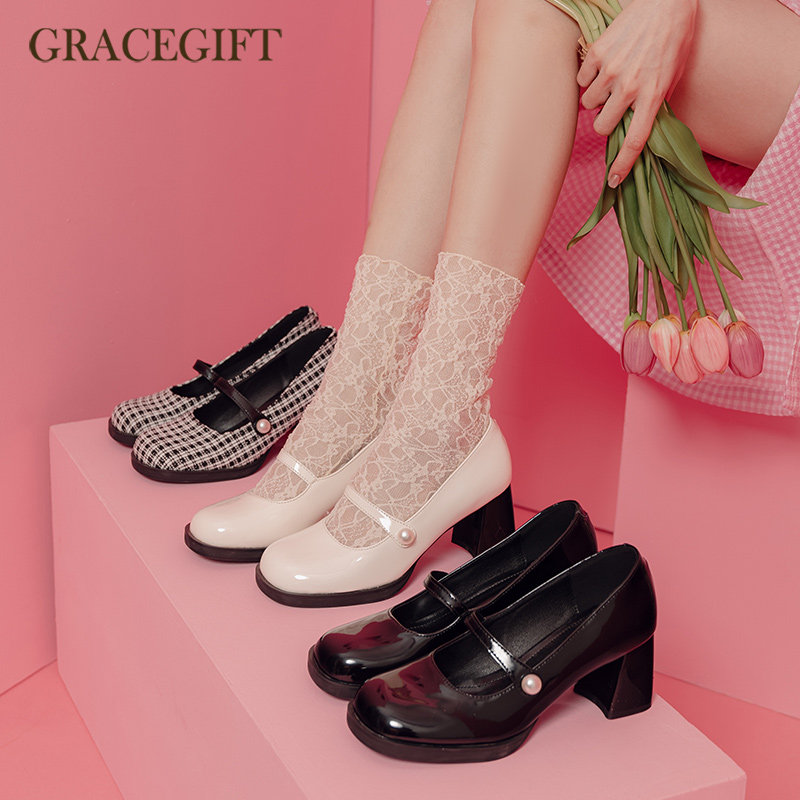 Grace gift高跟玛丽珍鞋女春夏新款浅口单鞋法式复古风珍珠小皮鞋