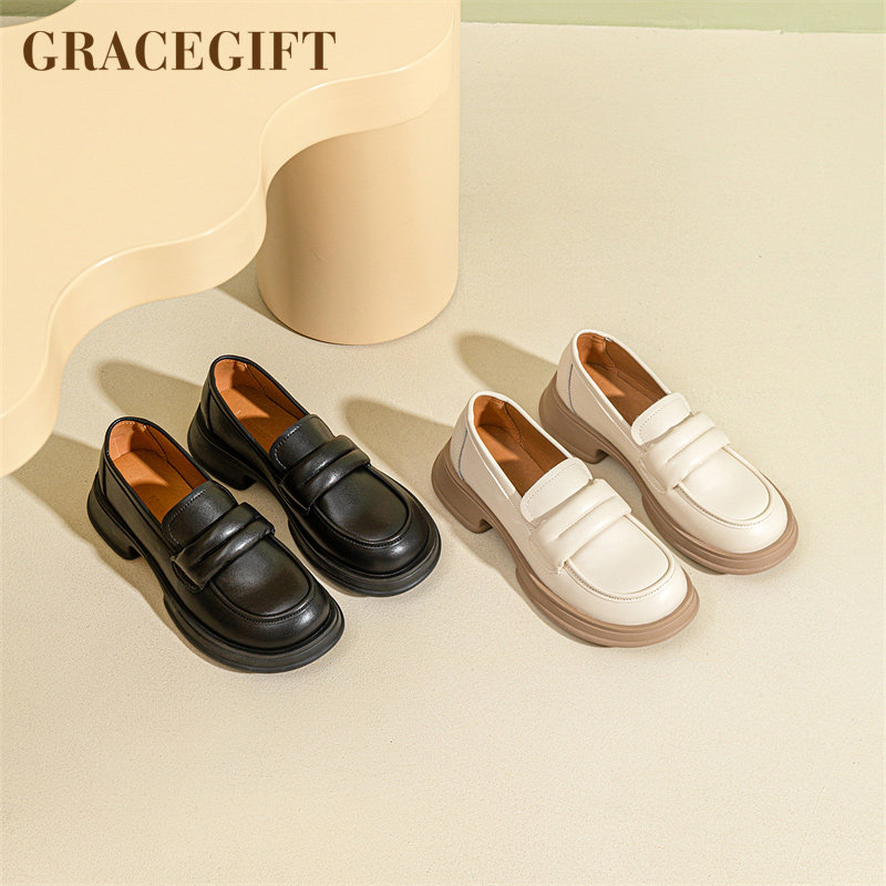 Grace gift乐福鞋女新款复古英伦厚底增高小皮鞋百搭休闲圆头单鞋