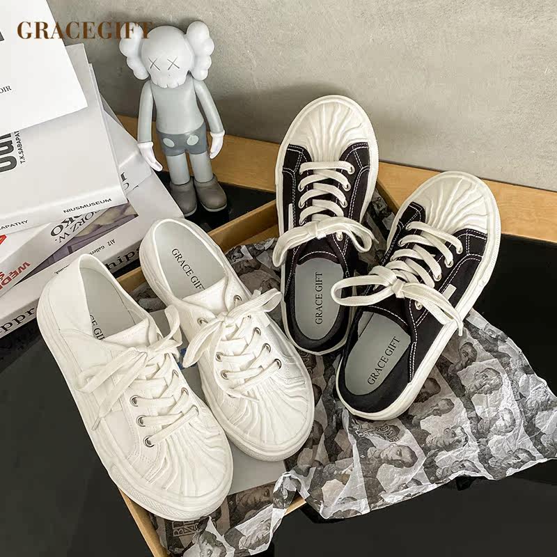 grace gift小白鞋女贝壳头系带帆布鞋两穿纯色踩脚厚底休闲板鞋