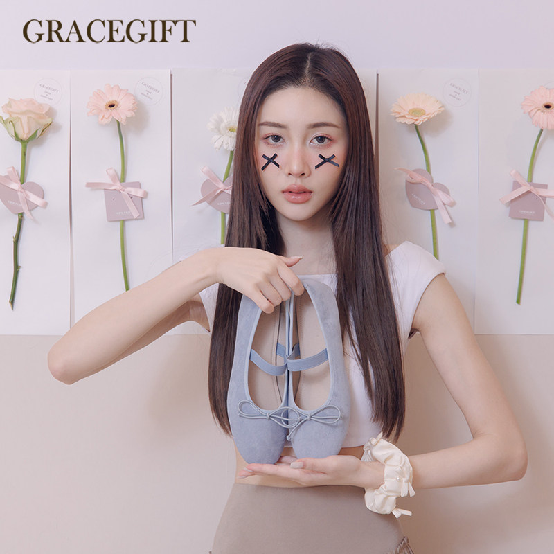 Grace gift芭蕾舞鞋女夏日外穿蓝色蝴蝶结圆头绒面平底玛丽珍鞋子