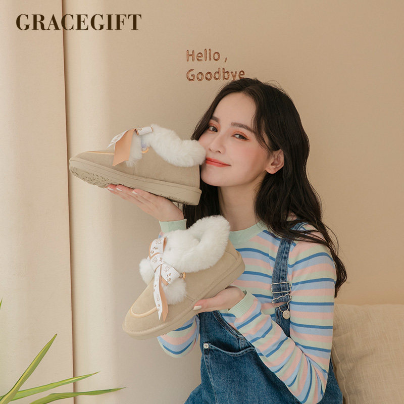 grace gift雪地靴新款时髦可爱蝴蝶结棉鞋女冬平底加绒时尚短靴子
