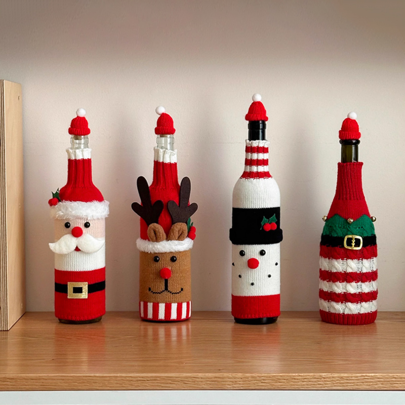 圣诞节针织套酒瓶装饰品香槟红酒保护套派对圣诞老人麋鹿摆件布置