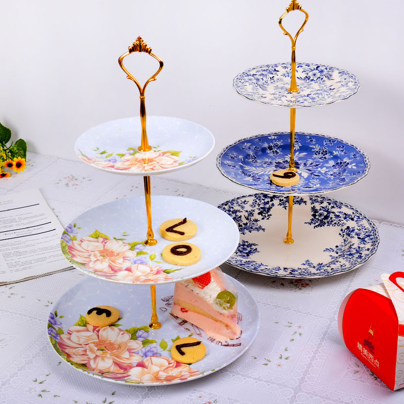 出口英国欧式点心盘三层创意简约水果干果盘子陶瓷蛋糕盘特价促销