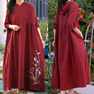 文艺复古森系红色连衣裙女夏连帽宽松显瘦中长款度假风大摆裙袍子
