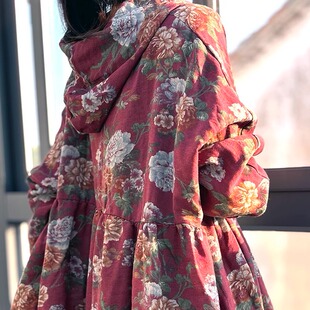 旅行中国风文艺印花个性百搭连帽中长款复古民族风大摆连衣裙风衣