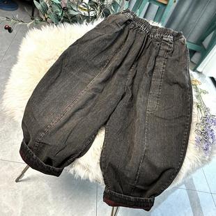 老爹裤 原创冬季 松紧腰哈伦裤 牛仔棉裤 女 加厚复古做旧宽松休闲大码