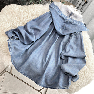 垂感防晒衣服女春夏莱赛尔连帽牛仔衬衫宽松大码长袖薄款开衫外套