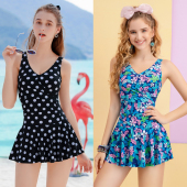 沙滩泡温泉前双层保守遮肚装 英发休闲裙式 连体游泳衣女带胸垫大码