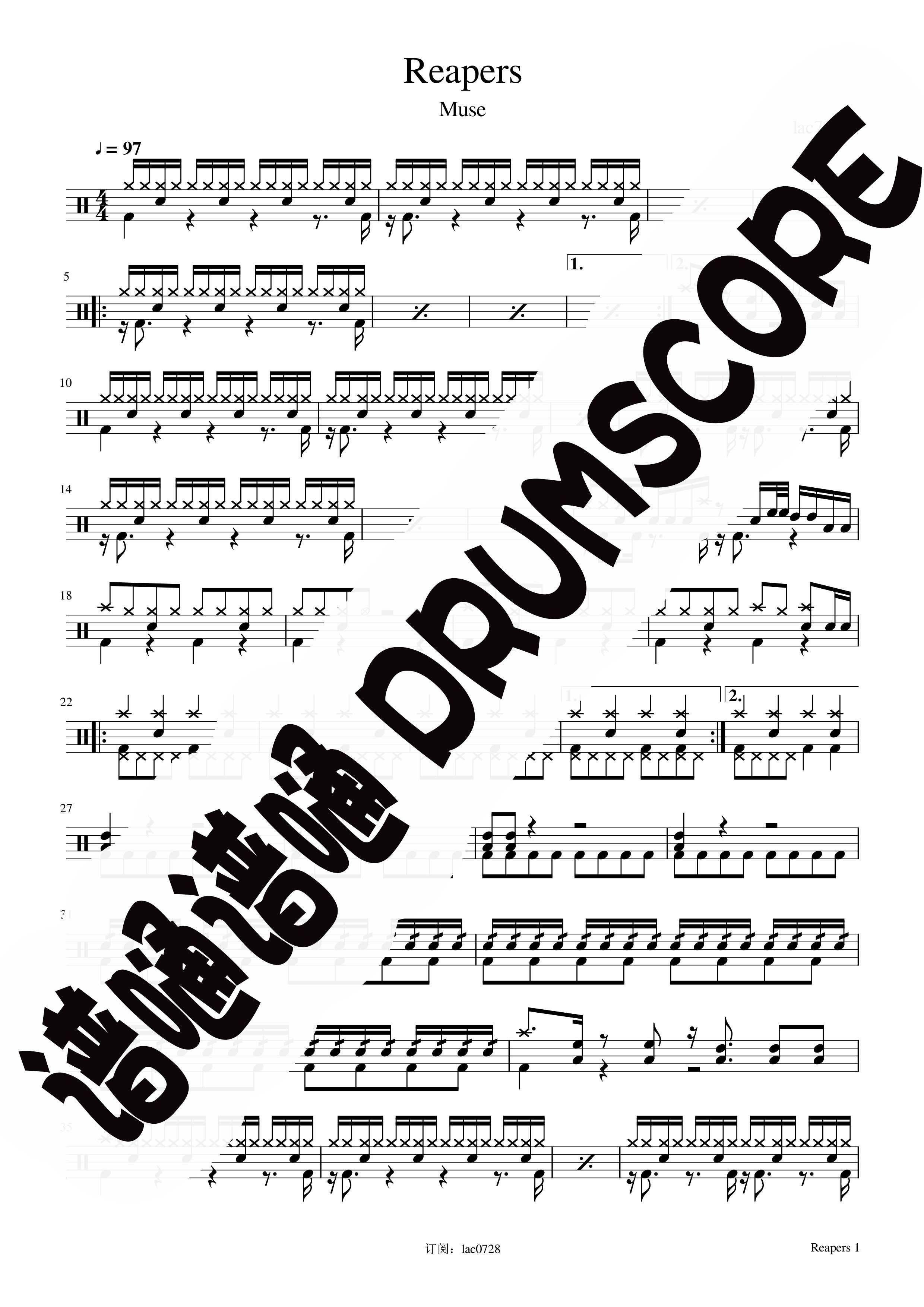 Reapers鼓谱 MUSE乐队鼓谱 架子鼓谱 爵士鼓 流行鼓谱