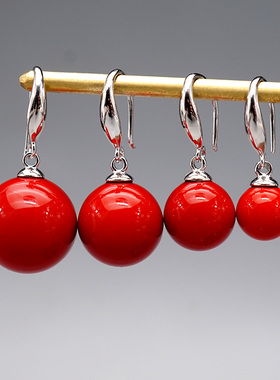 S925纯银珍珠耳环韩国圆款大红色新娘耳坠女简约气质耳饰品防过敏