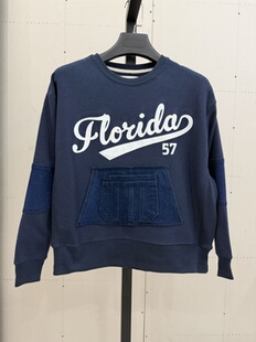 外单remake卫衣字母牛仔拼布薄绒套头衫宽松休闲时尚复古秋冬通勤