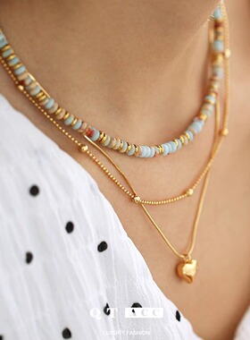 黄铜镀18K真金 欧美极简冷淡ins风时尚设计感天然石串珠项链项饰