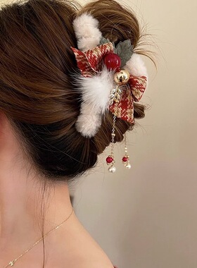 圣诞新年秋冬毛绒发夹女后脑勺蝴蝶结抓夹大号感鲨鱼夹子头饰发饰
