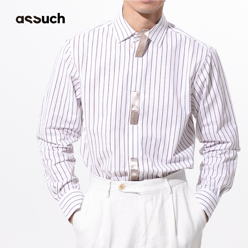 assuch撞色织带条纹纯棉府绸时尚长袖衬衫原创设计休闲正装衬衫