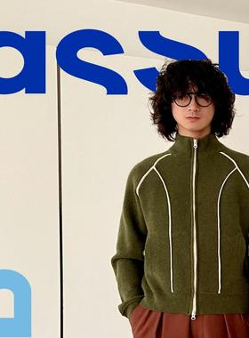 ASSUCH原创设计运动风格重磅羊毛针织夹克高领拉链开衫时髦老钱风
