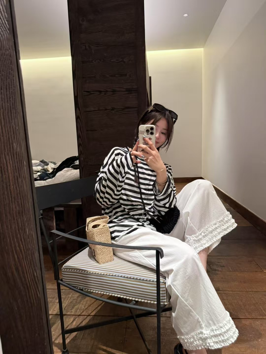 现韩国东大门代25夏the roots松紧腰花边棉质显瘦薄直筒休闲裤女