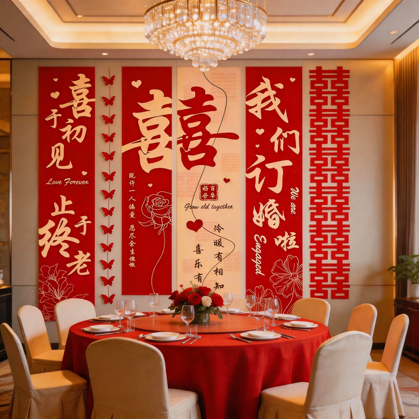 新中式订婚宴布置装饰挂布条幅图片