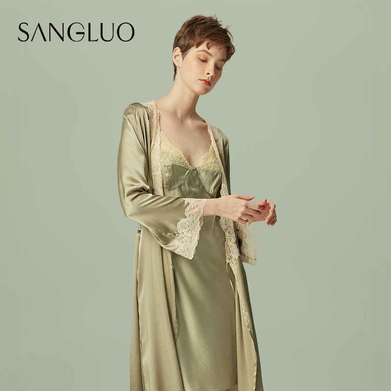 法式蕾丝晨袍桑罗桑蚕丝性感结婚睡衣丝绸长袖真丝睡袍浴袍春秋女