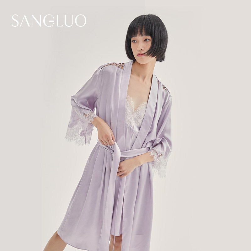 法式镂空蕾丝桑蚕丝婚礼晨袍桑罗女春秋七分袖性感真丝睡袍套装