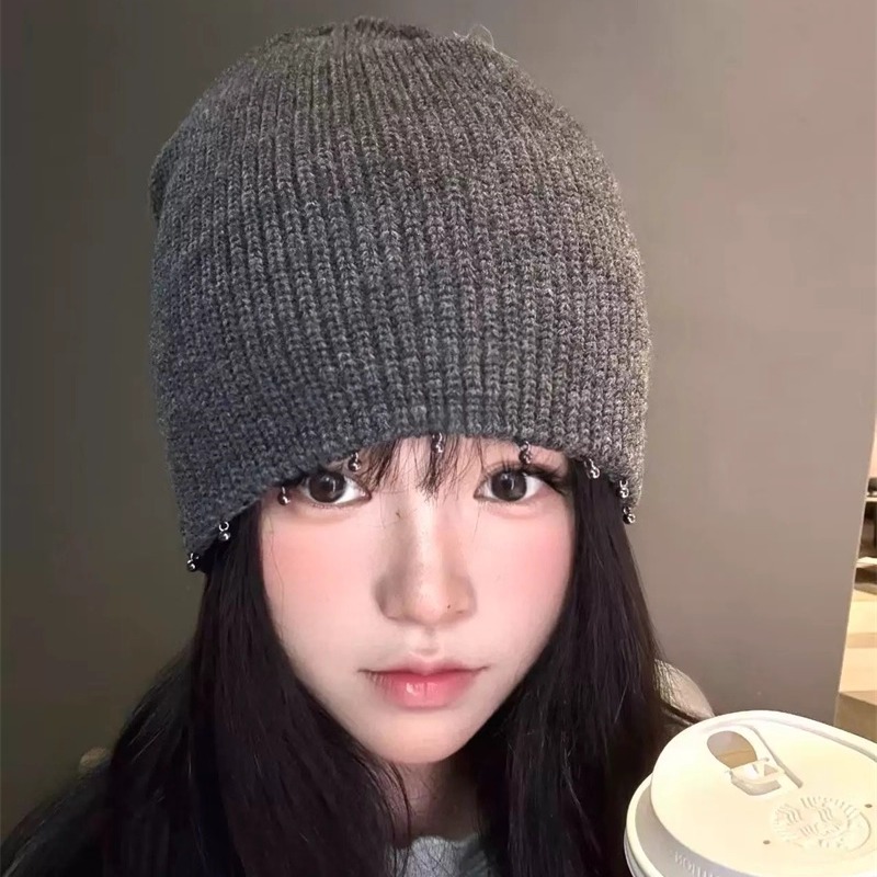 韩系ins冷帽针织帽亮光钉珠装饰套头帽毛线帽女时尚显脸小包头帽