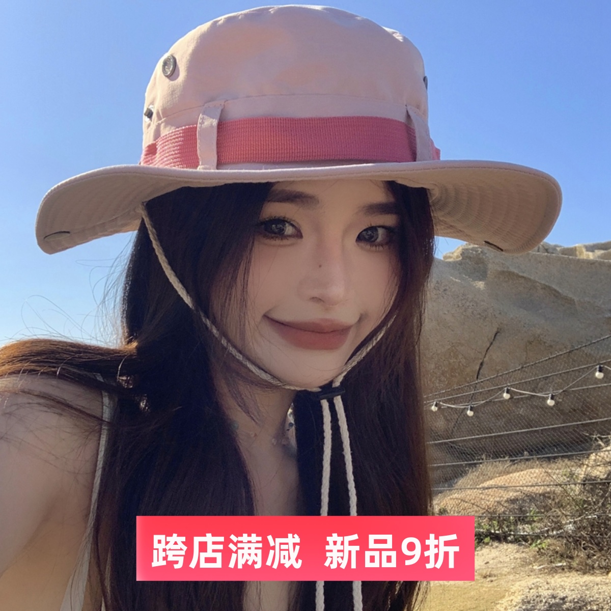 粉色防晒夏季女百搭户外露营徒步登山帽子牛仔渔夫帽遮阳防紫外线