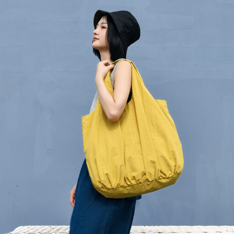日系ins原宿风原创帆布包大容量超轻纯色女学生褶皱单肩手提布袋